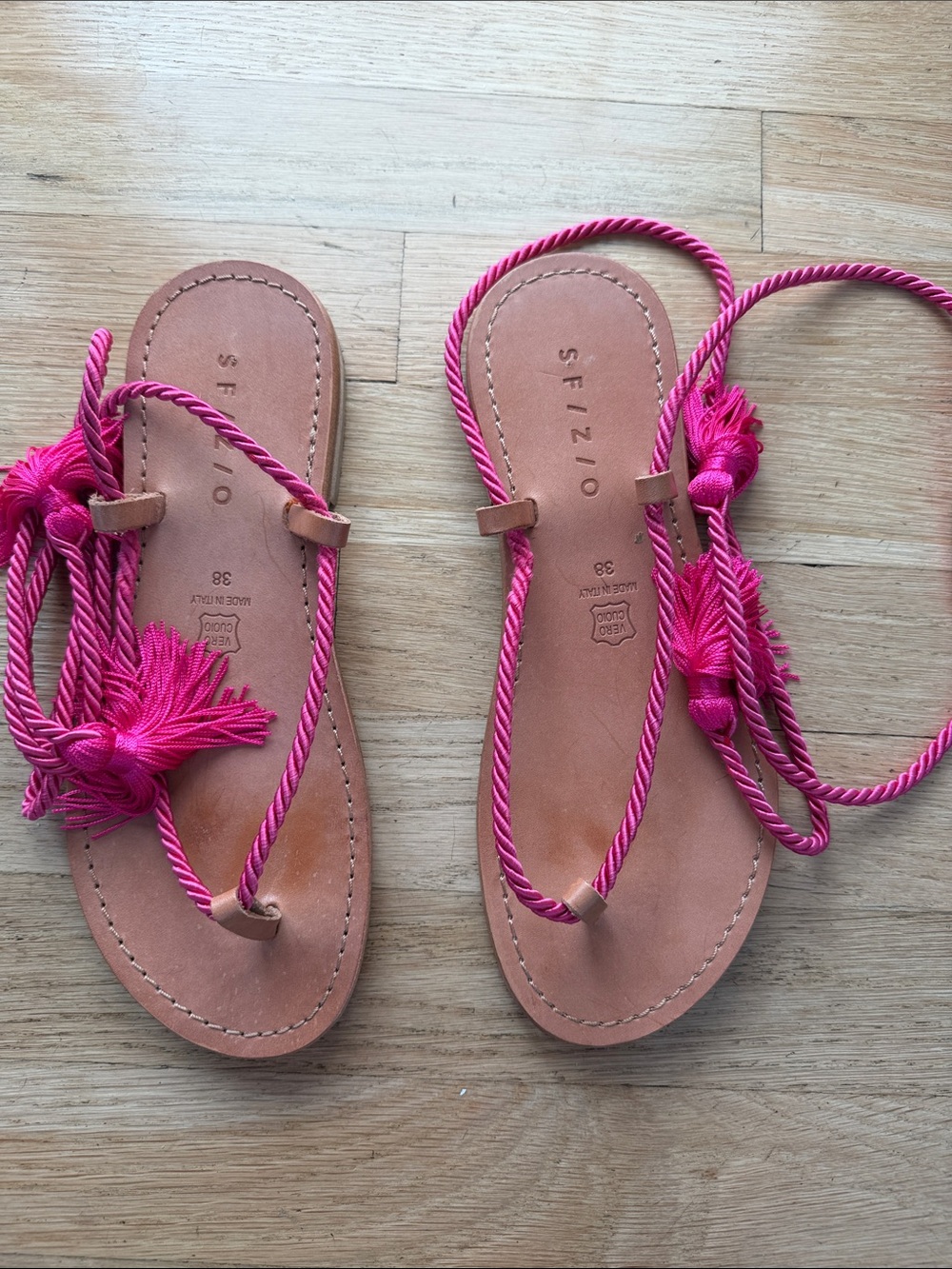 SFIZIO Pink Rope tassel Tie Leather Sandals 38